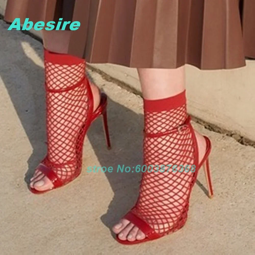 Slingback Strap Ankle Buckle Women's Sandals Red Mesh Open Toe Stiletto Heels Sandals Summer Sexy Y2K Nightclub Party Sandals - view 3