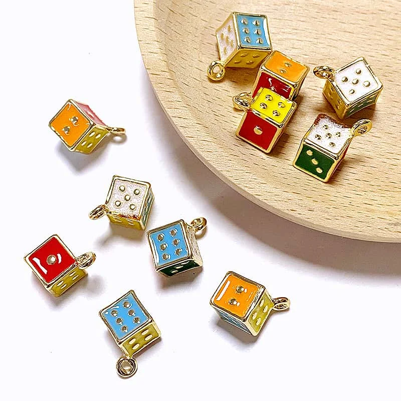 3D Colorful 6-Sided Dice Alloy Enamel Charms 10Pcs Cute Mini Table Game Pendant DIY For Earring Necklace Jewelry Make