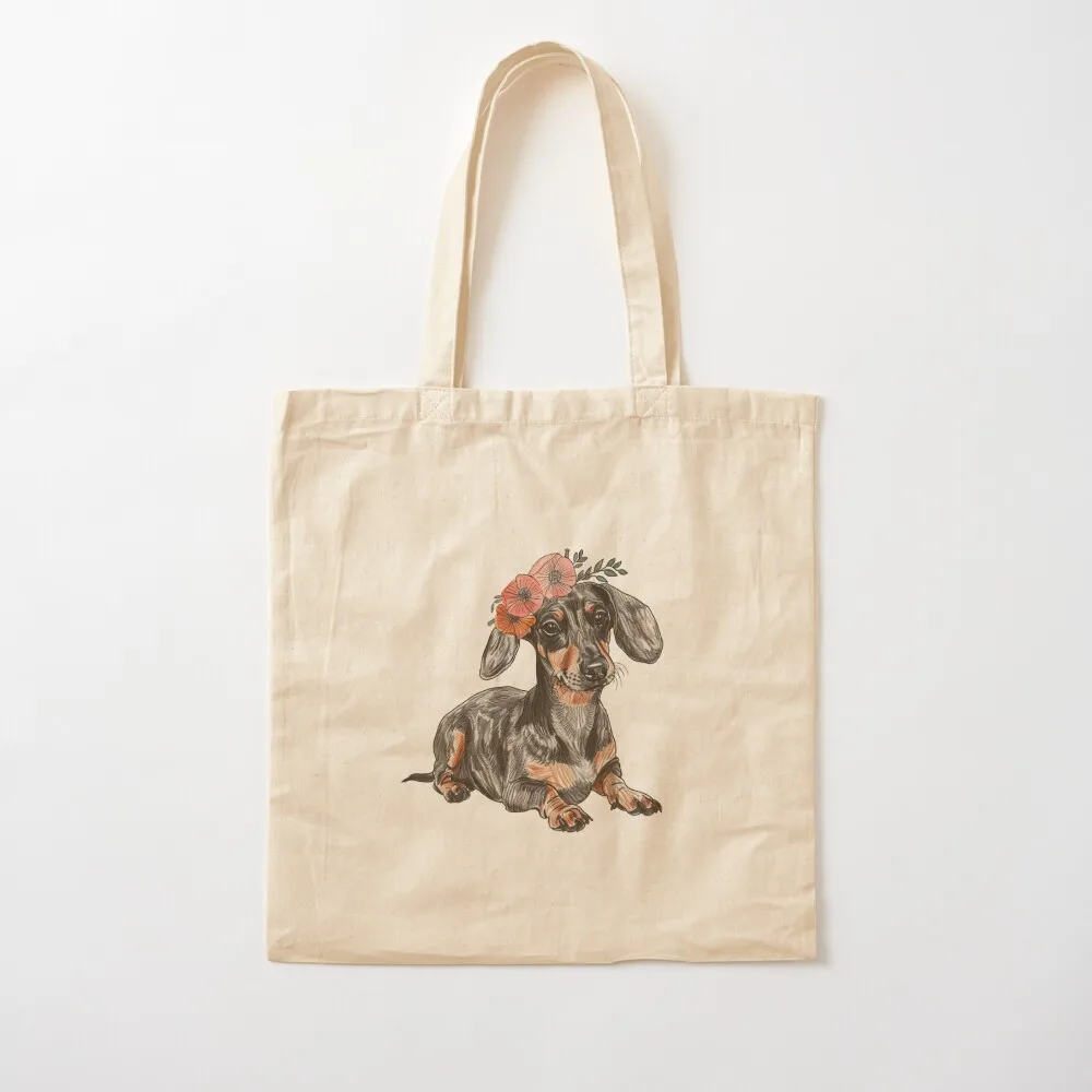 

Adorable dachshund with flower crown laying down Tote Bag Portable shopping bag personalized tote bag eco pack Canvas Tote