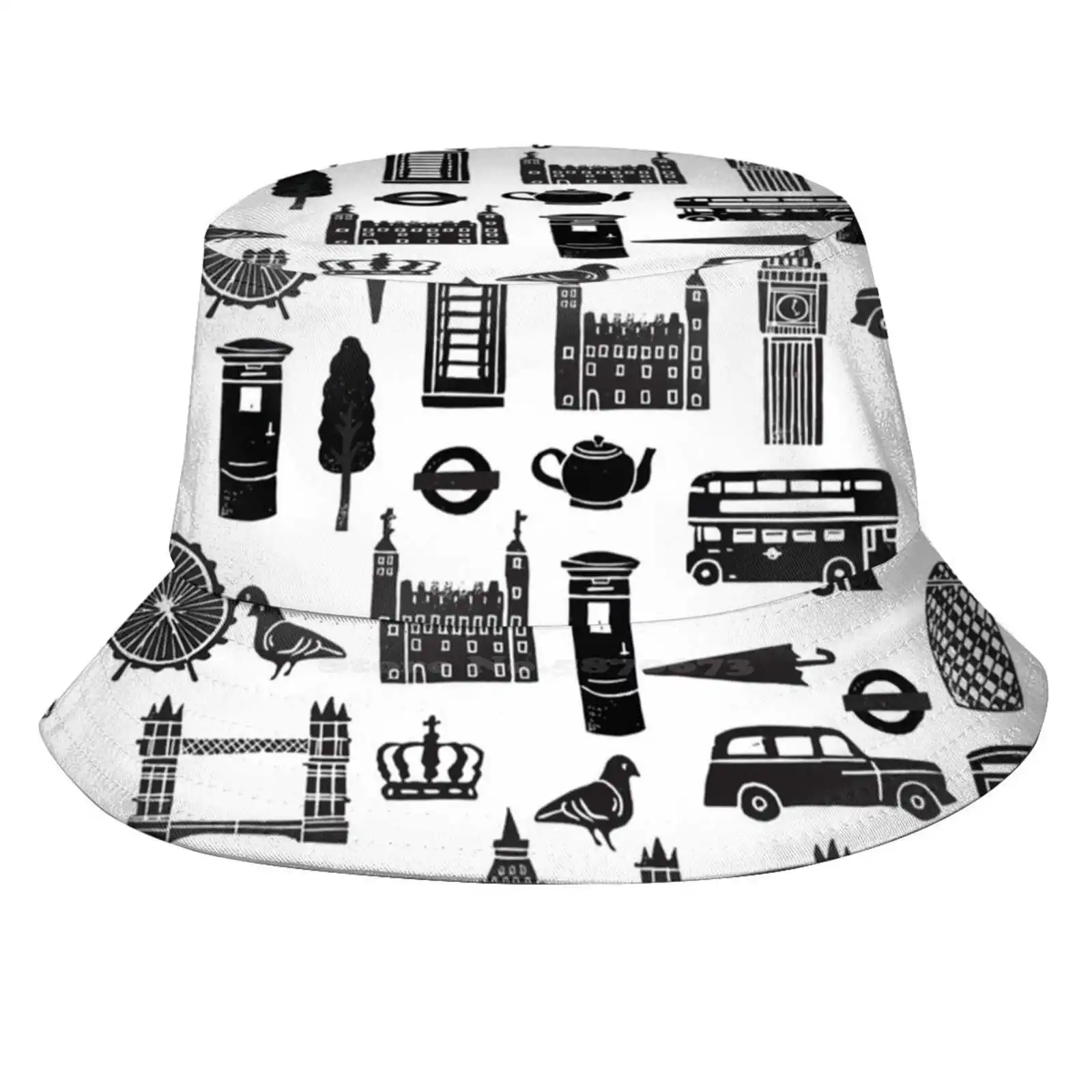 London Block Print - Black And White By Andrea Lauren Sun Cap Fisherman Hat Bucket Hats Block Icons City Urban London Eye Bus