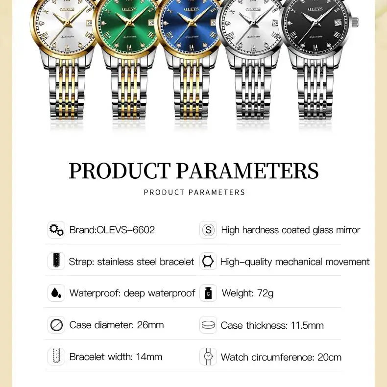 Olevs Origineel Horloge Voor Mannen Vrouwen Automatische Mechanische Paar Horloges Kalender Roestvrij Staal Waterdicht Luminous Lover Horloge