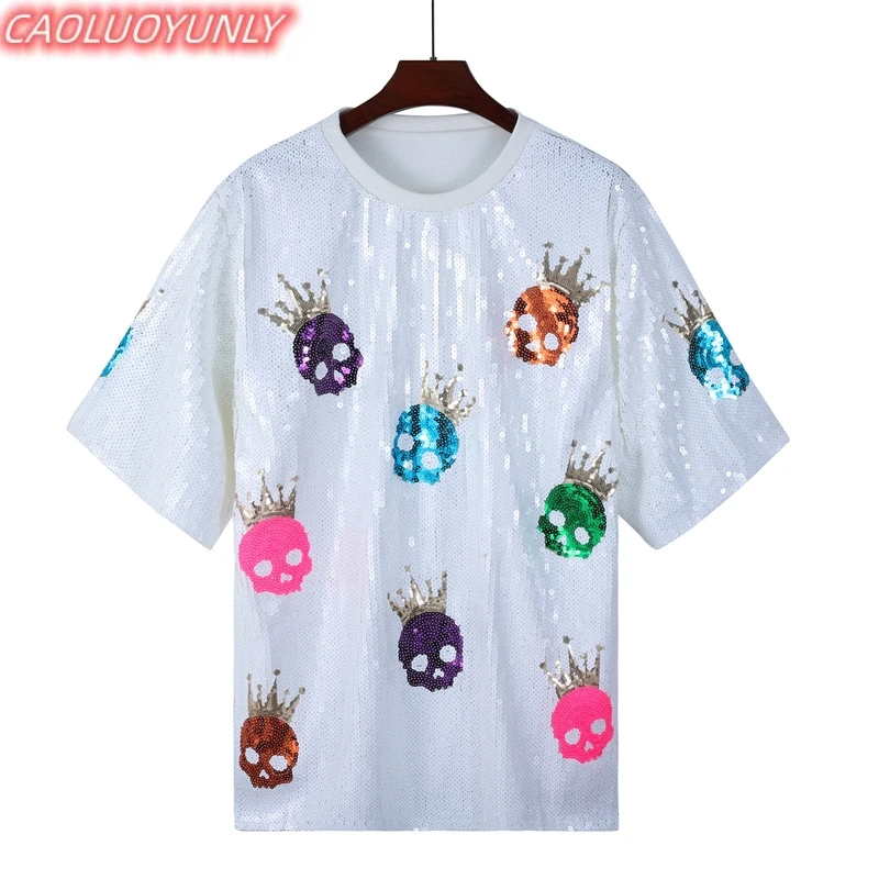 Estate di alta qualità Streetwear cartone animato paillettes manica corta t-shirt a contrasto Hip Hop girocollo dritto sciolto da donna indossa