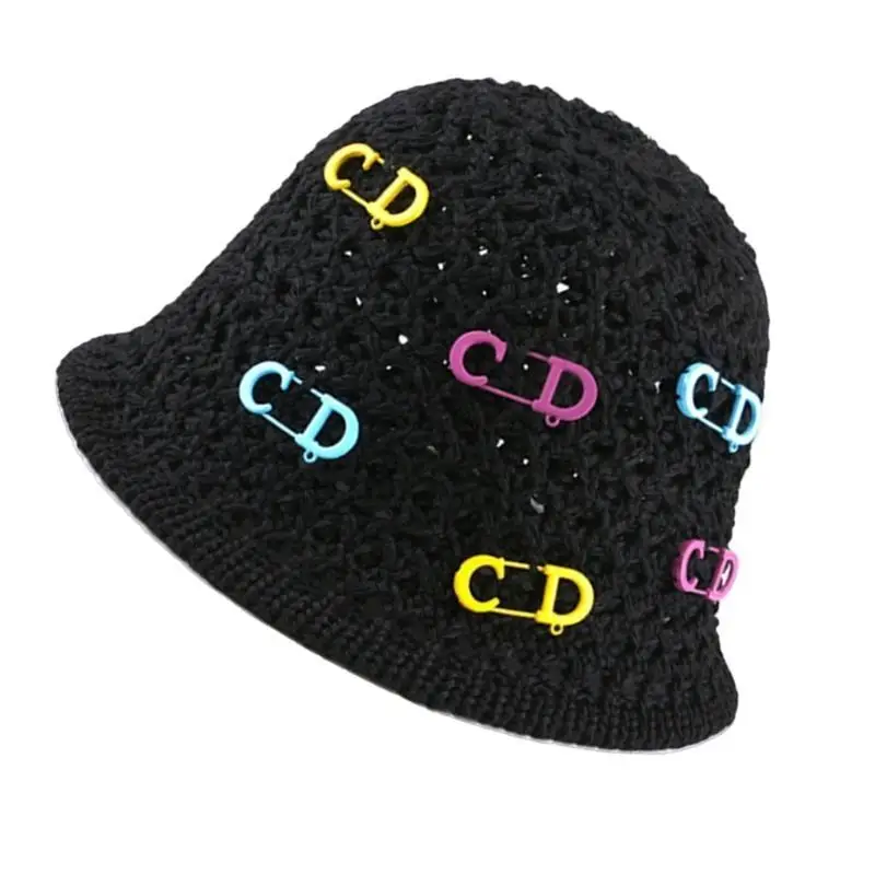 

39BB Fisherman Hat Handwoven Breathable Wide Brimmed Vintage Colorful Pins Sun Hat Crocheted Straw Hat for Women