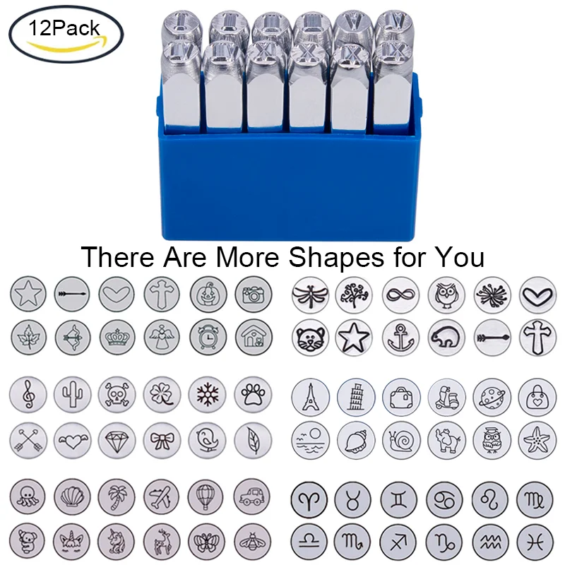 12 Pack 6mm Design  Stamps Metal Punch Stamp Mixed Shapes Stamping Tool Case Electroplated Hard Carbon Steel Tools pattern: 6mm