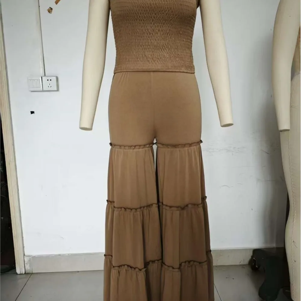 Dwuczęściowy zestaw: top tuba z wysokim stanem i spodnie w kształcie litery A, wyszczuplający, casualowy, na wiosnę i jesień, zestawy spodni, Conjuntos De Mujer