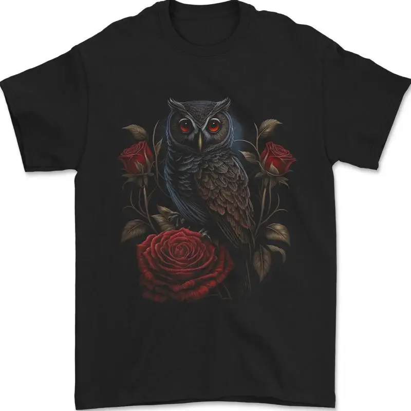 Maglietta An Eule Mit Rosen VöGel Blumen Herren 100% Cotone