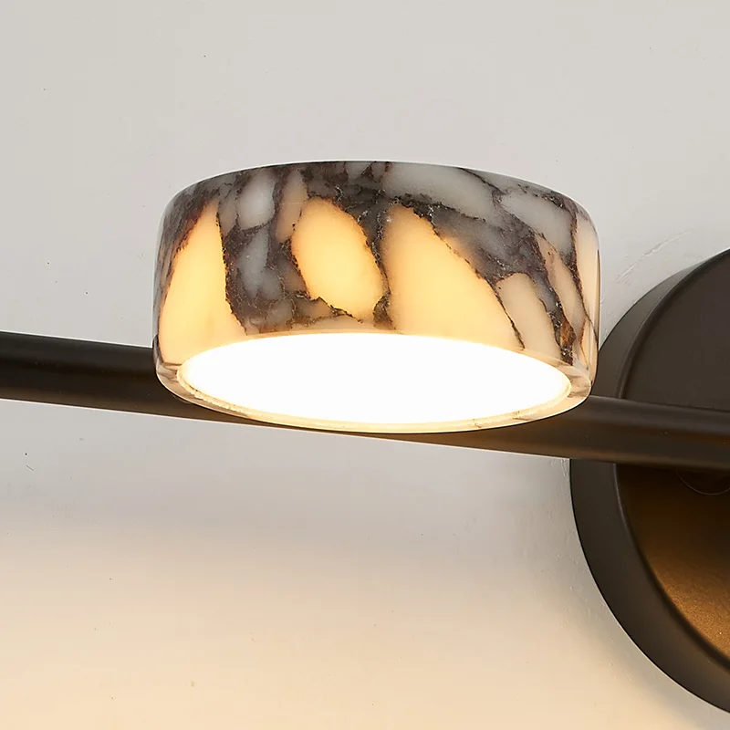 Wabi-sabi Natural Stone Wall Sconce 3 Head Alabaster Marble Light Fixture Black Iron LED Indoor Wall Lamp for Living Room Hotel