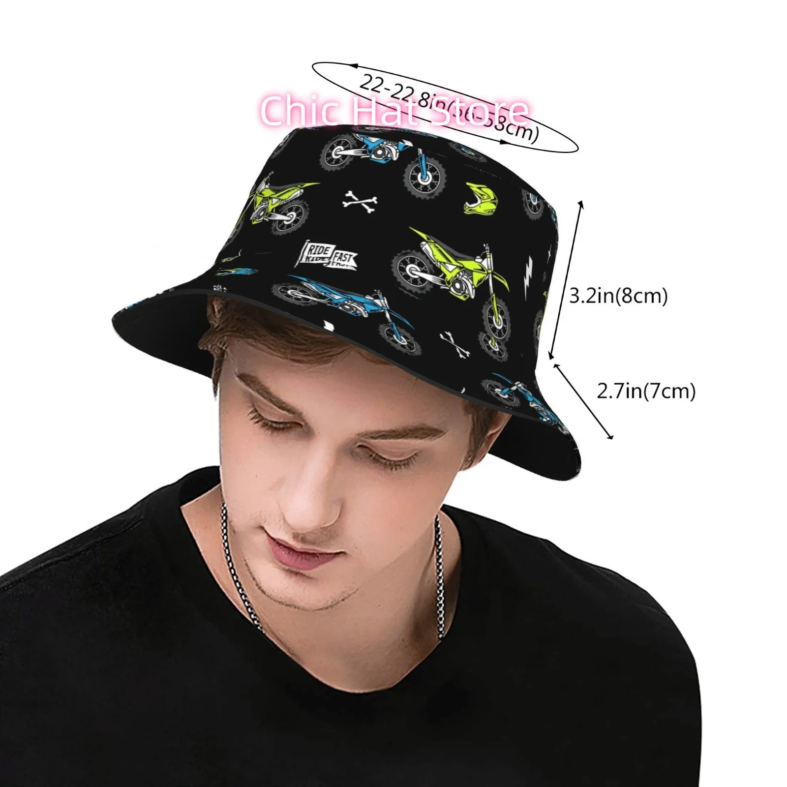 This One-Piece Motorbike-Themed Bucket Hat Is Fully Printed And Suitable for Everyone. It'S an Ideal Outdoor Sun Hat That Combin