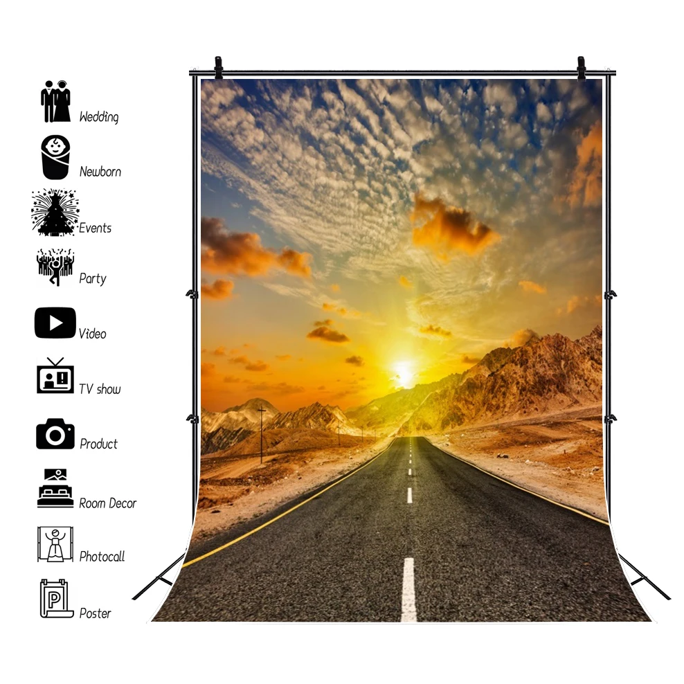 Highway Sunset Landscape Photography Backdrop Outdoor Party Decoration Portrait Sun Mountain Photo Studio Photography Background