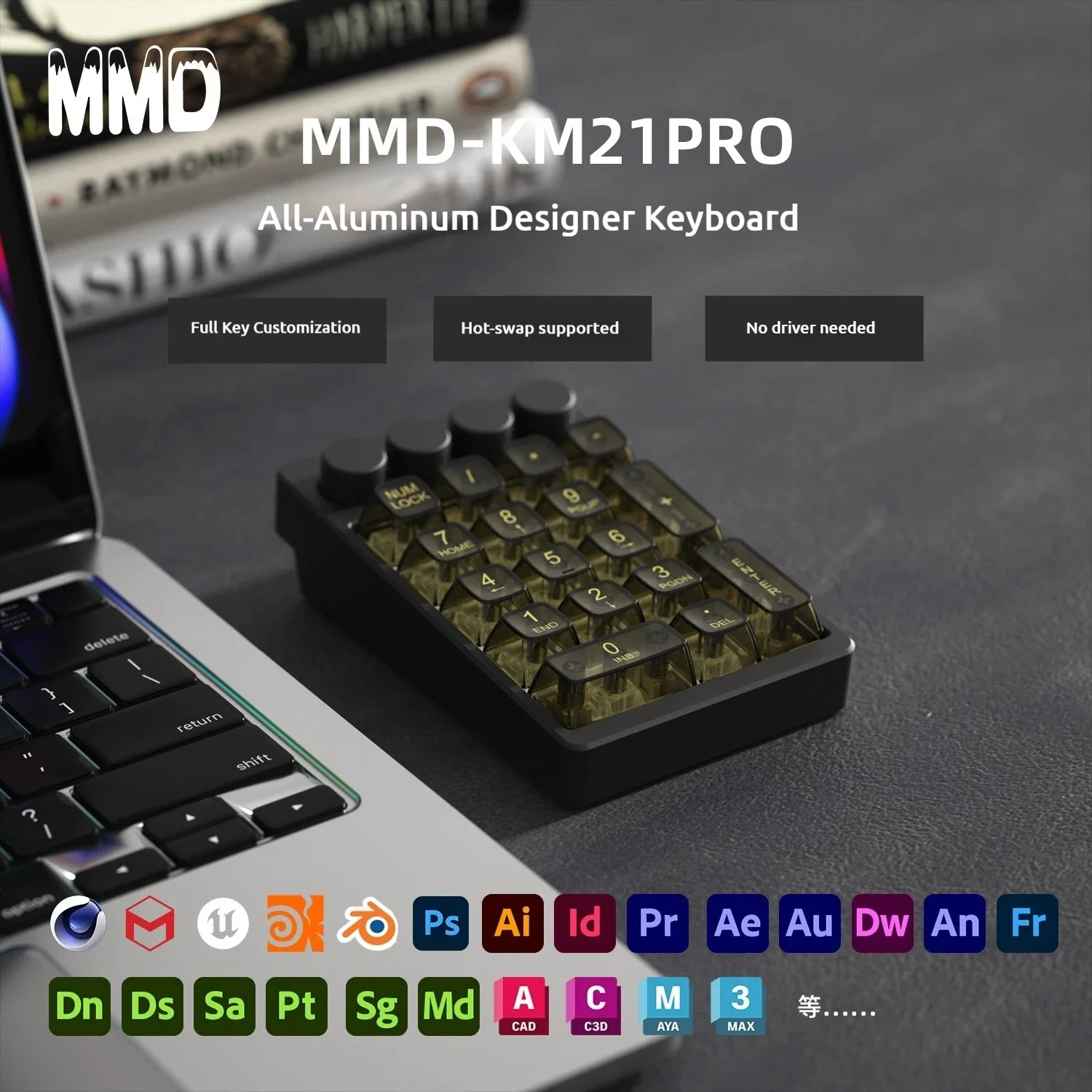 MMD KM21PRO Designer Keyboard Wired with Knob Hot-Swap CNC Aluminum 21keys Mechanical Keypad Mini Portable PS Designer Keyboard