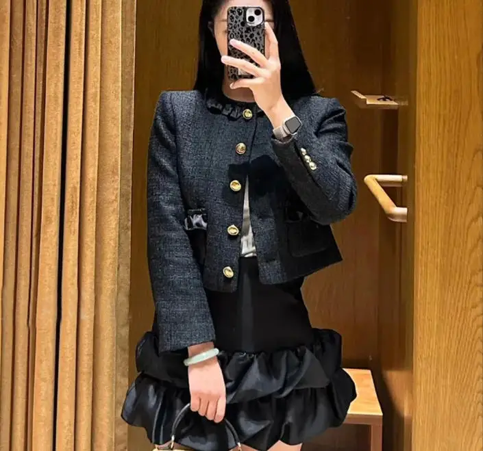 

Женский черный элегантный костюм-двойка 2025 года, кардиган с круглым вырезом и длинными рукавами или узкие модные брюки