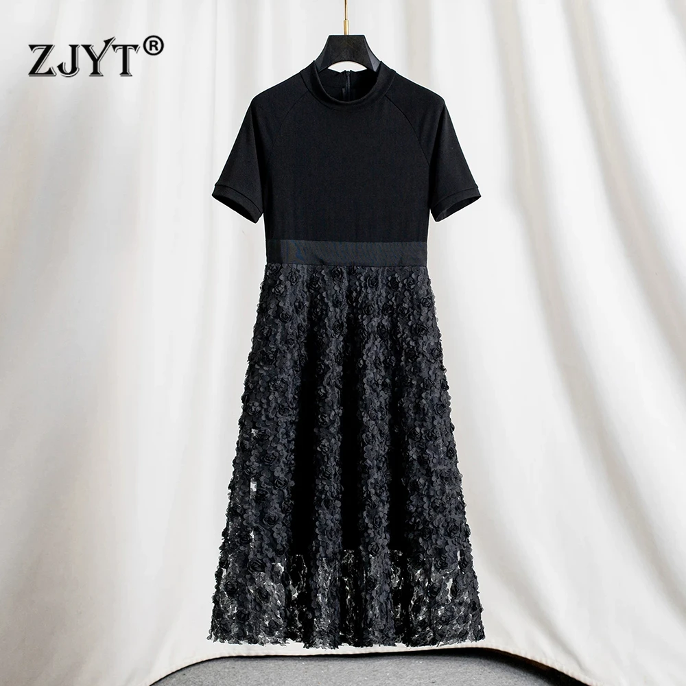 

Черные миди-платья ZJYT для женщин, лето 2026: Новые элегантные вечерние платья с аппликациями и тюлевыми вставками, модные наряды для вечеринок
