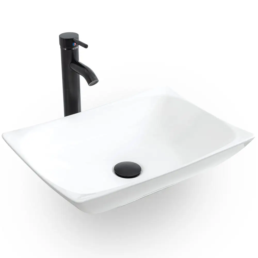 Ceramic Bathroom Sink Bowl White Curved Vessel & Faucet Combo Countertop ORB Pop Up Drain Water Save Installation Self-Elegant