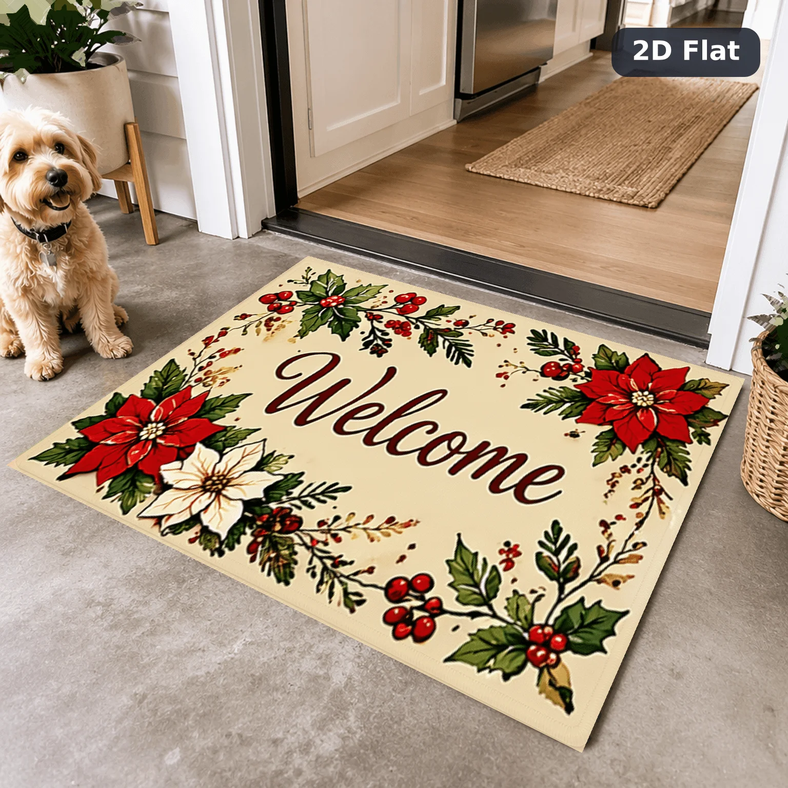 Glitter Golden Reindeer Star Bauble Snowflake Graphic Anti Slip Front Porch doormat Red Tone Merry Christmas Seasonal Decor