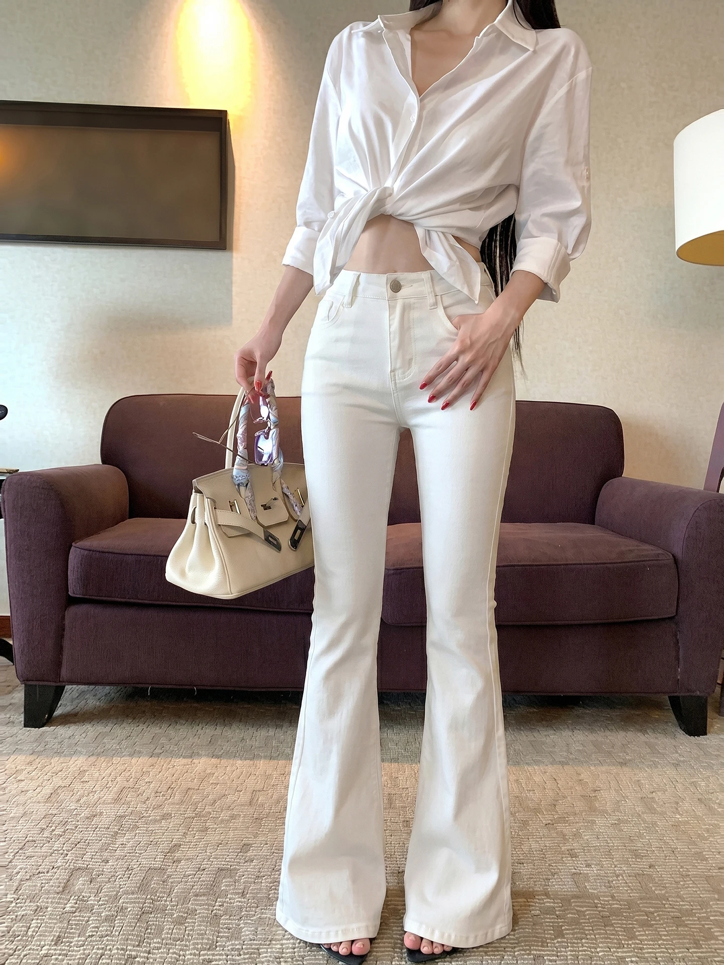Slimming High Waist Straight Leg Jeans Women's Summer White Bell Bottom Pants Tight Fitting Long Pants Commute Style Pure Color
