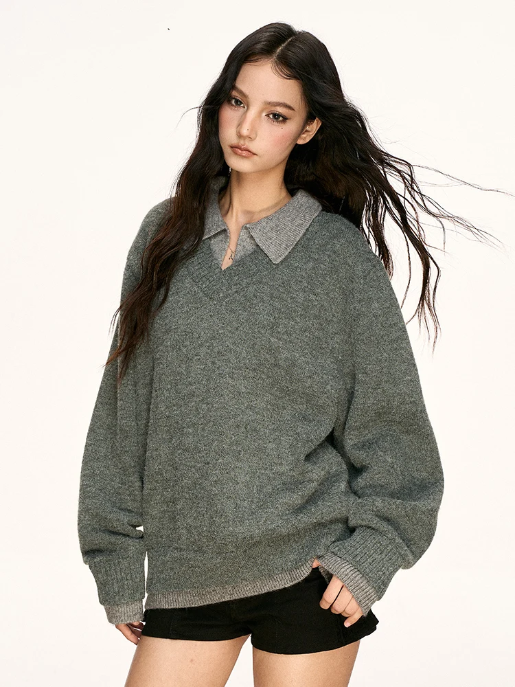 

Aaisup ey Knitted Ne Sweater Women's Loose Sle Fake Two-Piece Long Sve Casual Autumn Winter New Arrival