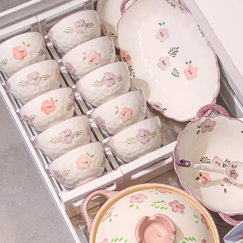 

Cute purple daylily ceramic dish set for home use high-value girls good-looking rice bowl bowl plate cutlery set