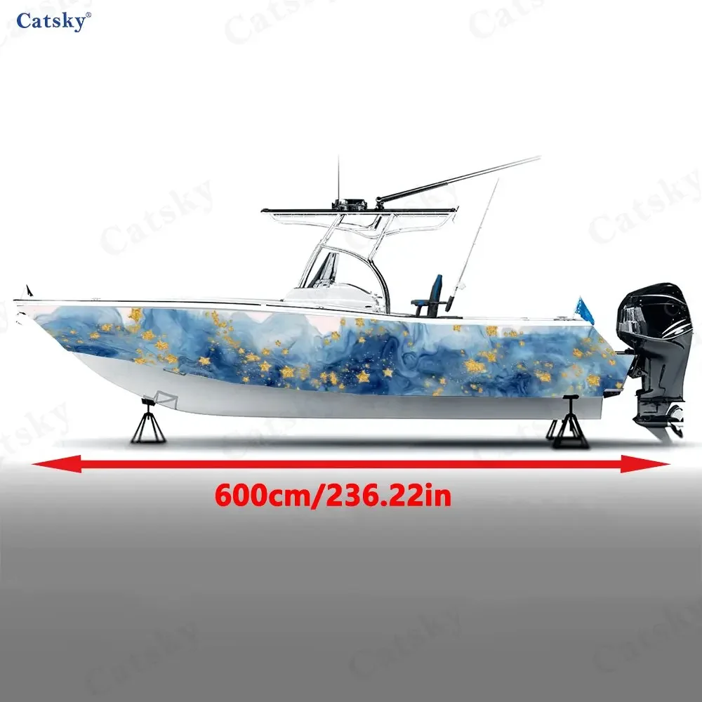 2Pcs Charming Blue Wave & Star Boat Wrap, PVC Waterproof Durable Vinyl Wrap Decals for Fishing Boats, Durable and Stylish Design