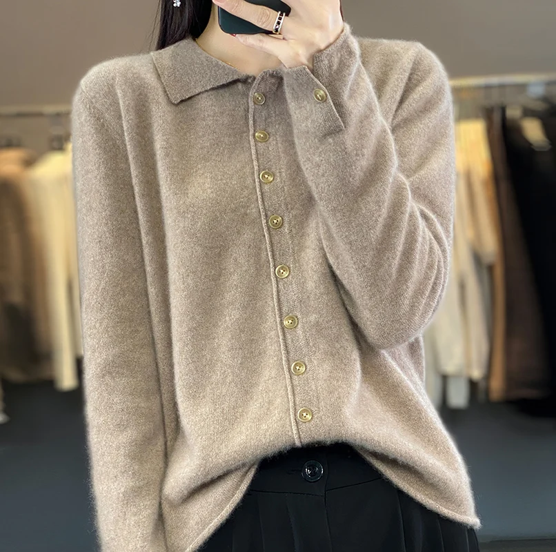 

2023 Autumn And Winter New Woolen Sweater Women's Polo Neck Long Sleeve Solid 100% Pure Wool Loose Curled Style Knitted Cardigan