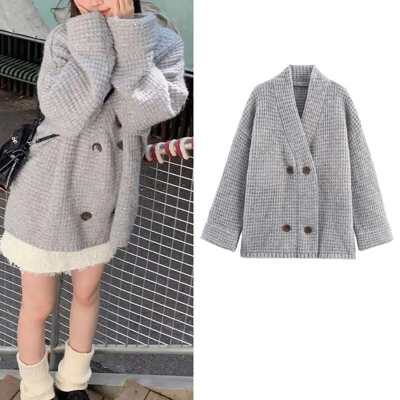 

Womens Casual Coat Trafizaran 2025 New Lazy Winter Ladies Home Travel Fashion Light Gray Plaid Double Breasted Knitted Coat