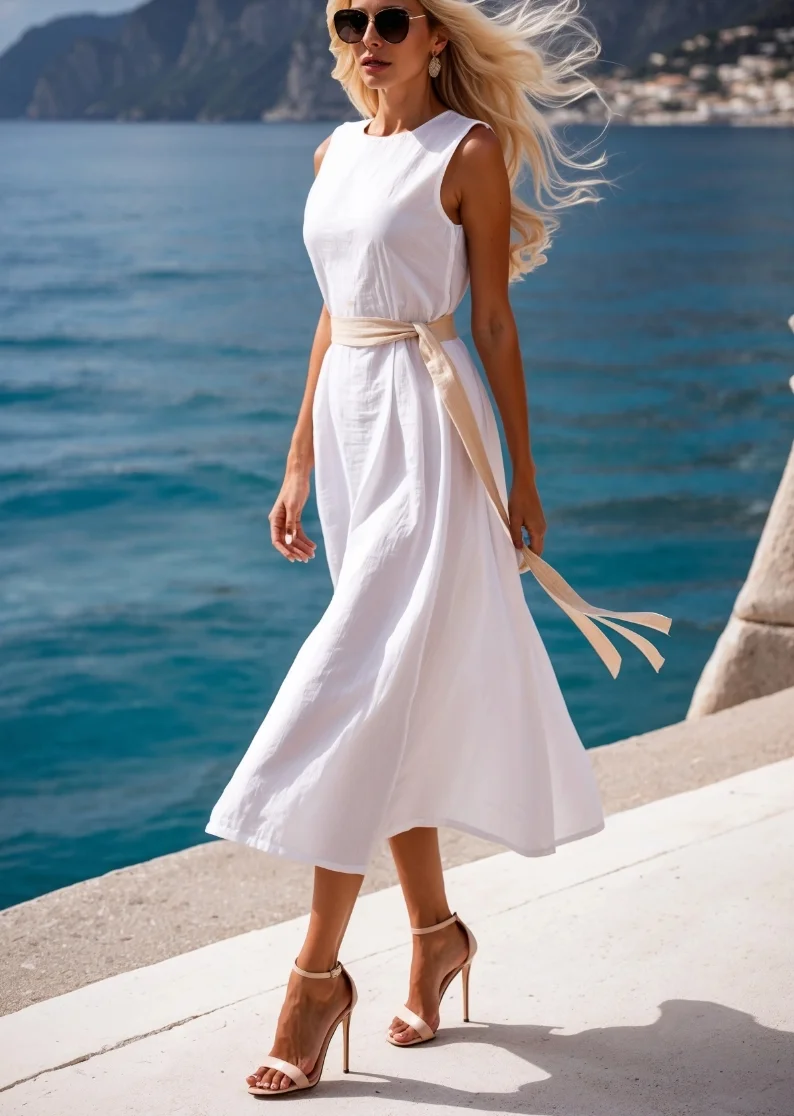 فستان نسائي متوسط الطول من الكتان باللون الأبيض بدون أكمام - فستان صيفي فضفاض بحزام الخصر