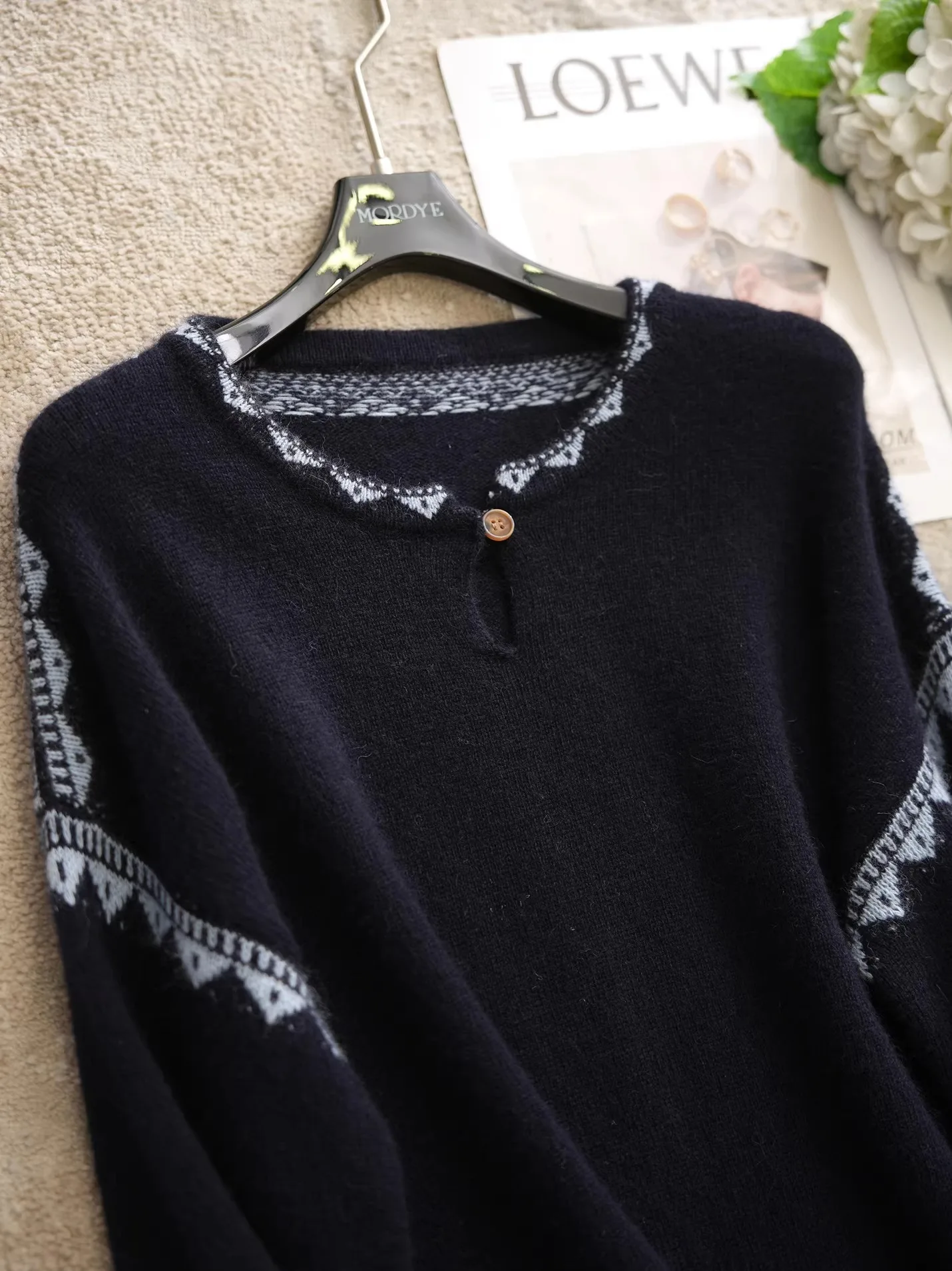 

Trendy Chinese Sle Lazy Feel Knitted Sweater Woolen Base Henry Collar k Blue Totem Embroidery Warmth Women's Faion