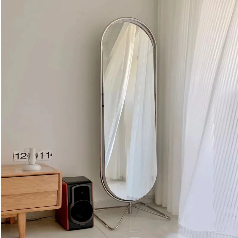 Nordic stainless steel fitting mirror home bedroom full body mirror floor rotating ins wind three-dimensional Internet