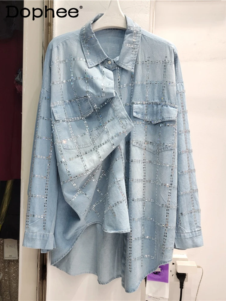 European Goods Hot Drilling Long-Sleeved Denim Shirt Women Spring Autumn Loose Mid-Length Top Single-Breasted Shirt Coat