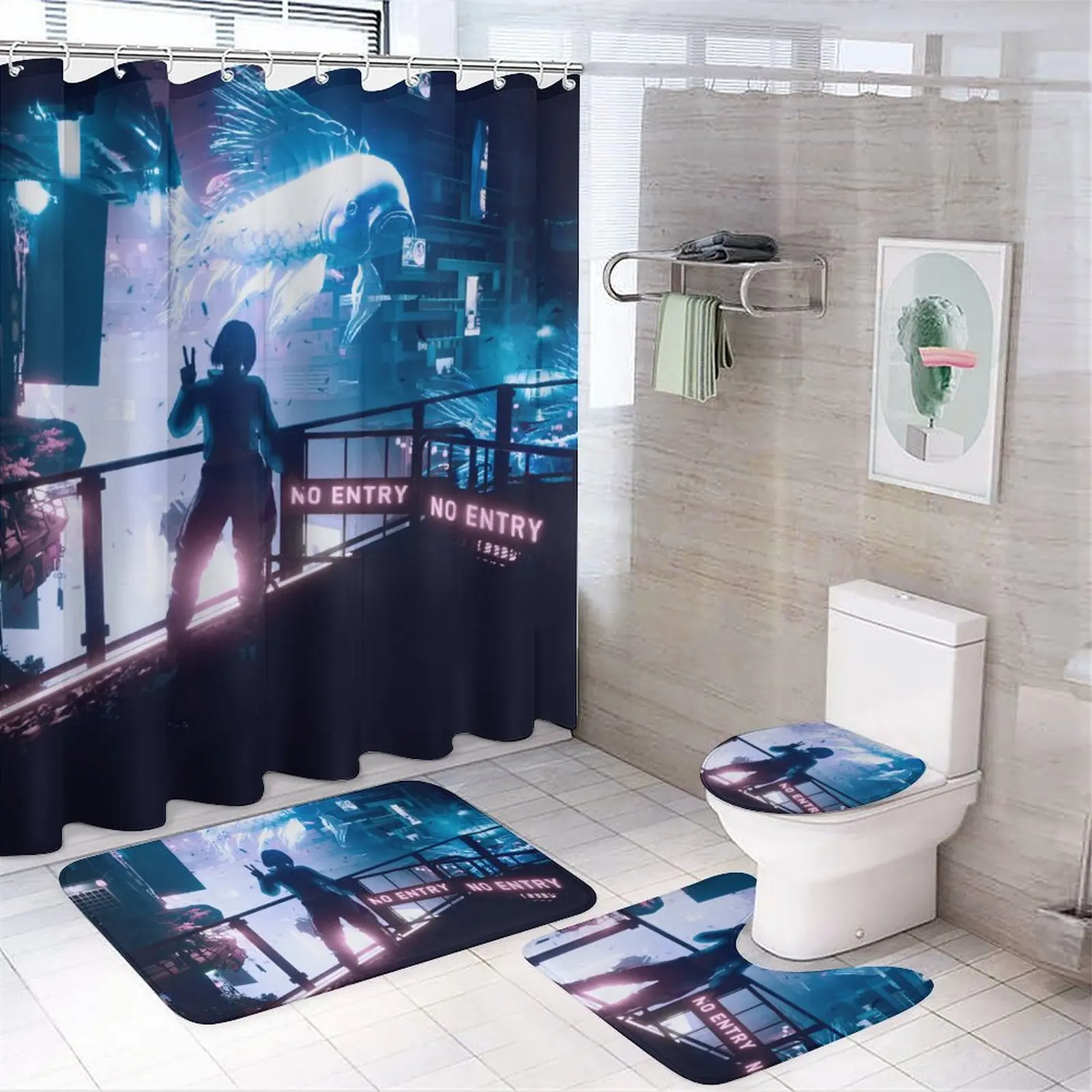 Set of 4 Printed Shower Curtain Decoration Bathroom Waterproof Cover Screen Cushion Toilet  Cover