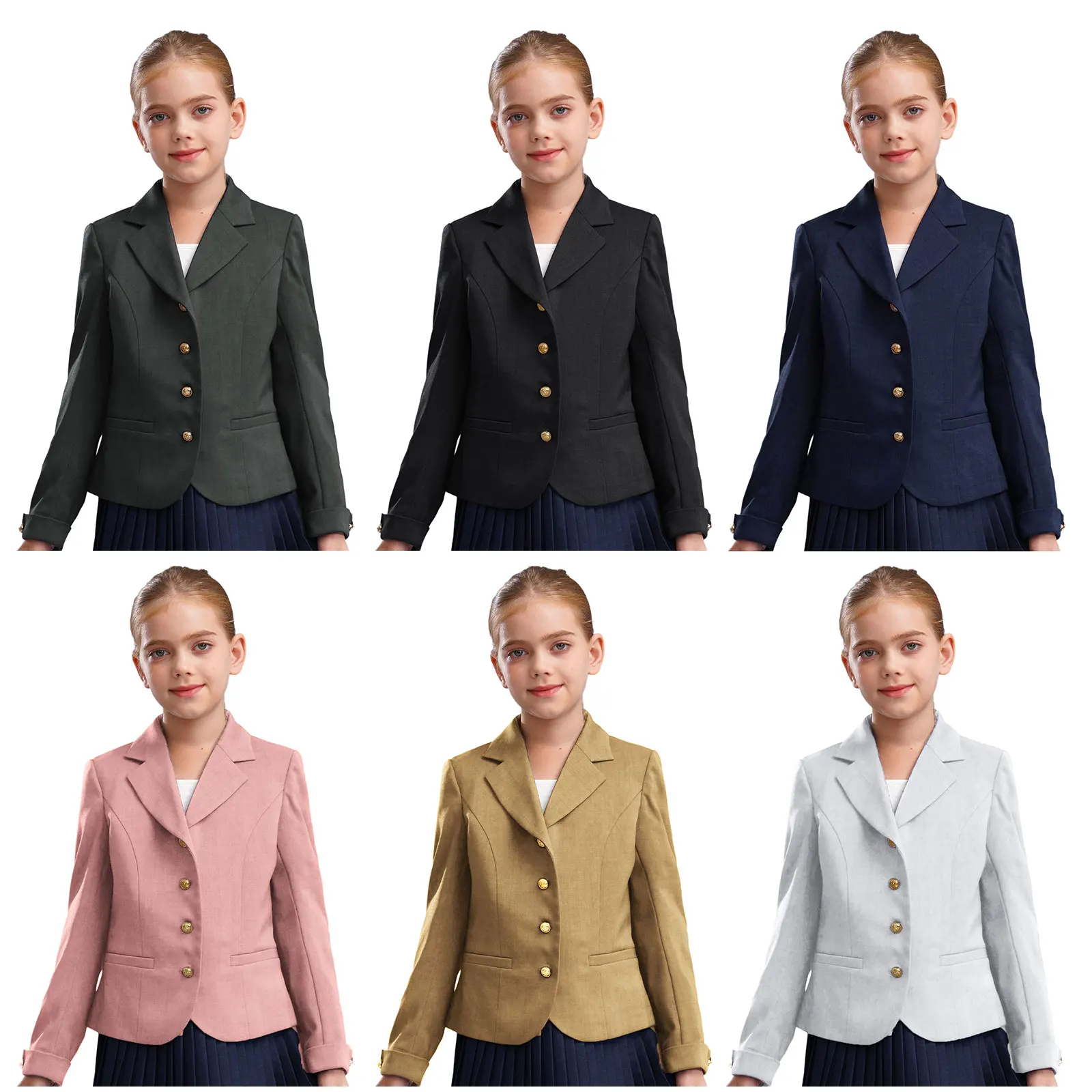 Giacca blazer per bambini Ragazze Bambini Manica lunga Risvolto solido Abito formale Cappotto Uniforme scolastica Abito formale Top Giacca Capispalla