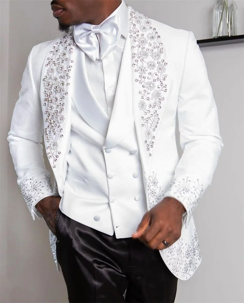 Crystals-Conjunto de traje para hombre, Blazer blanco de 3 piezas, pantalones negros con apliques, esmoquin de boda, vestido Formal para fiesta de graduación, chaqueta hecha a medida