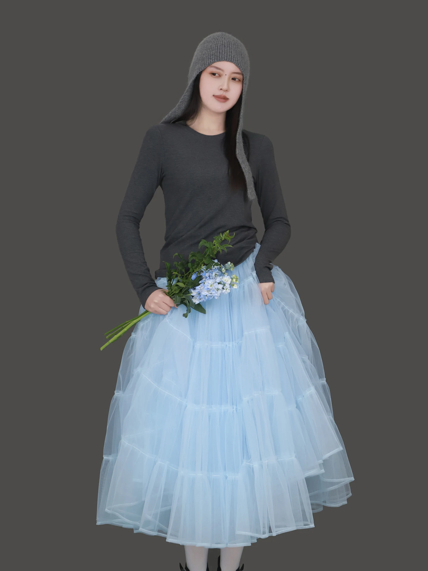

Romantic Sweet Tulle f Skirt Elastic Puffy Fairy Long Skirt Spring Gorge Series Soft Comfortable High Waist A-Line Skirt
