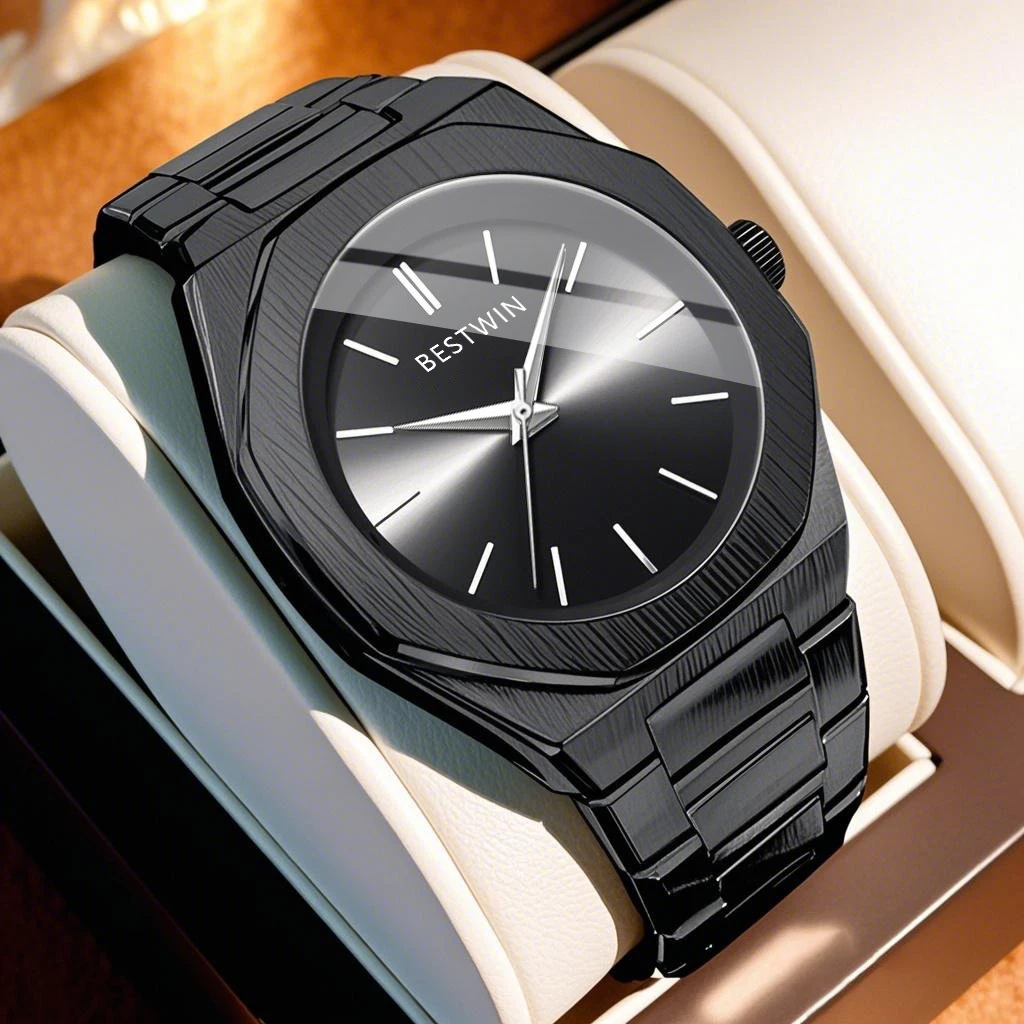 BESTWIN Men's Watches Simple Fashion Original Quartz Watch for Man Waterproof Stainless Steel Wristwatch Mineral Glass