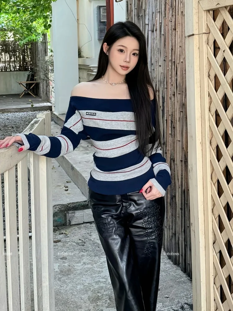 

Korean Sle Spicy Girl Striped One oulder Knitted Top Slimming Long Sve Inner Wear Base Layer Casual Sle Cotton Blend