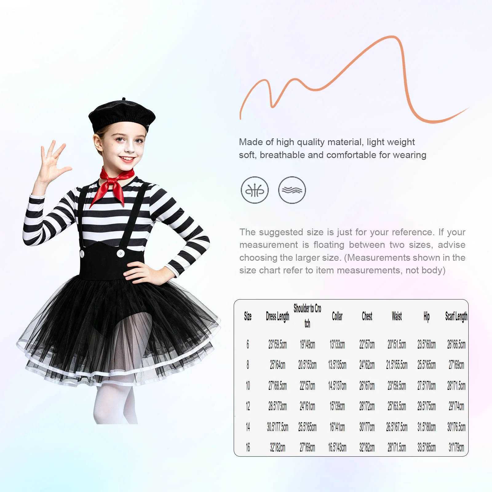 Kids Girls Clown Costume Set Long Sleeve Tutu Skirt Dress with Hat and Neck Scarf for Halloween Cosplay Party Masquerade