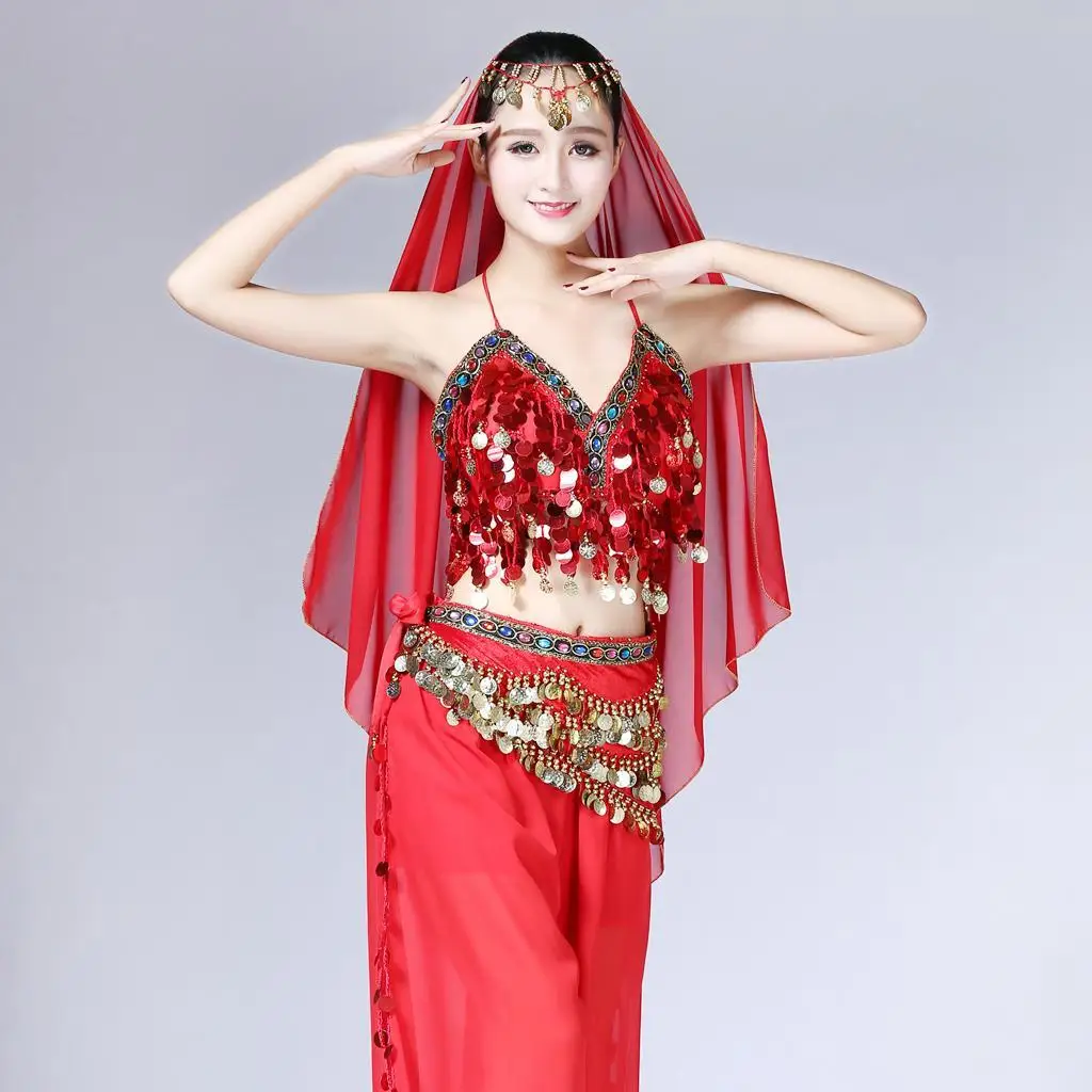 Belly Dance Beaded Bra Fringe Tassel Sequin Chiffon Top Stage Performance Costume for Indian Dancer and Singer