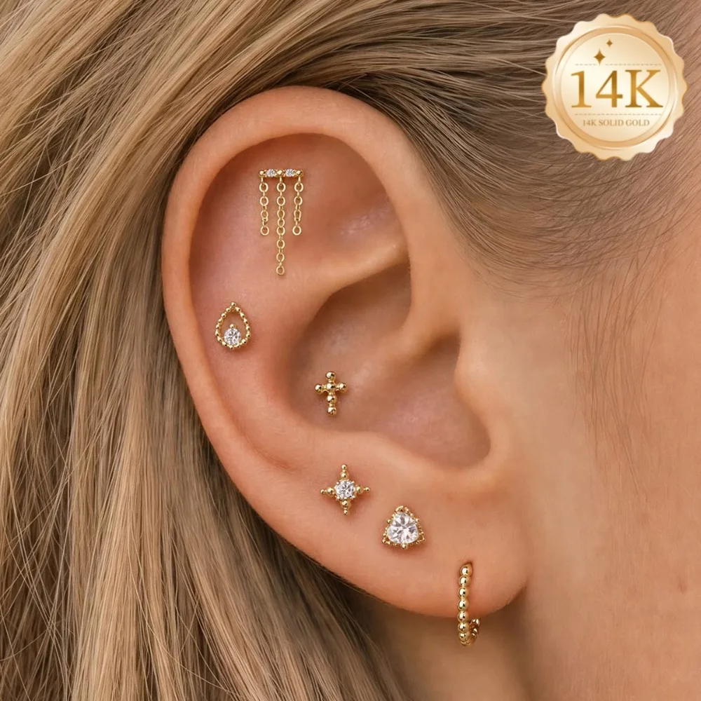 DIeSchein 14K Solid Gold Stud Earrings Waterproof Hypoallergenic Piercing Earrings for Women Sensitive Ears Minimalist Jewelry