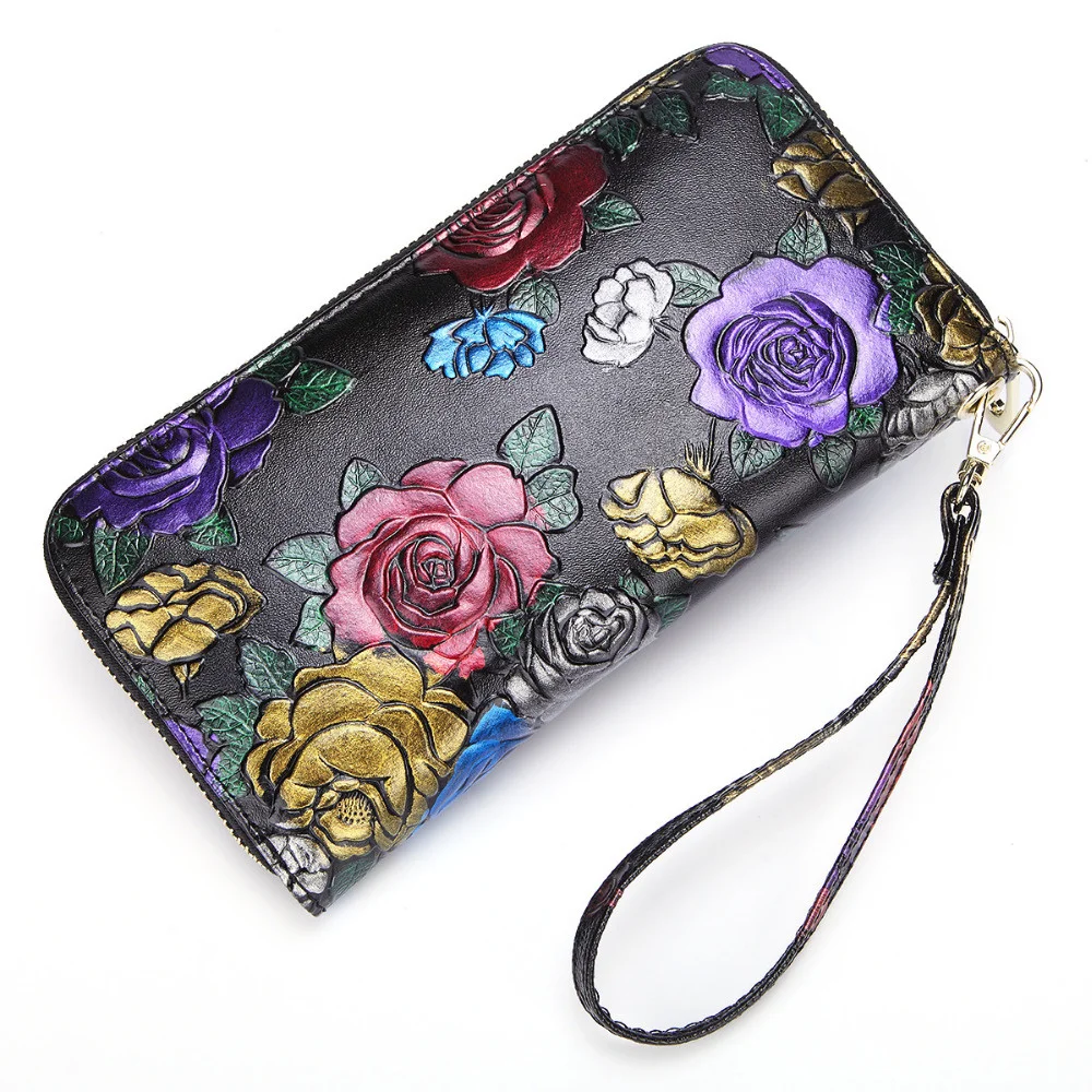 Women Genuine Leather Long Wallet Wrist Clutch Bags Handy Bag Rose Pattern Retro Coin Cash Card Holder Real Cowhide Money Purse