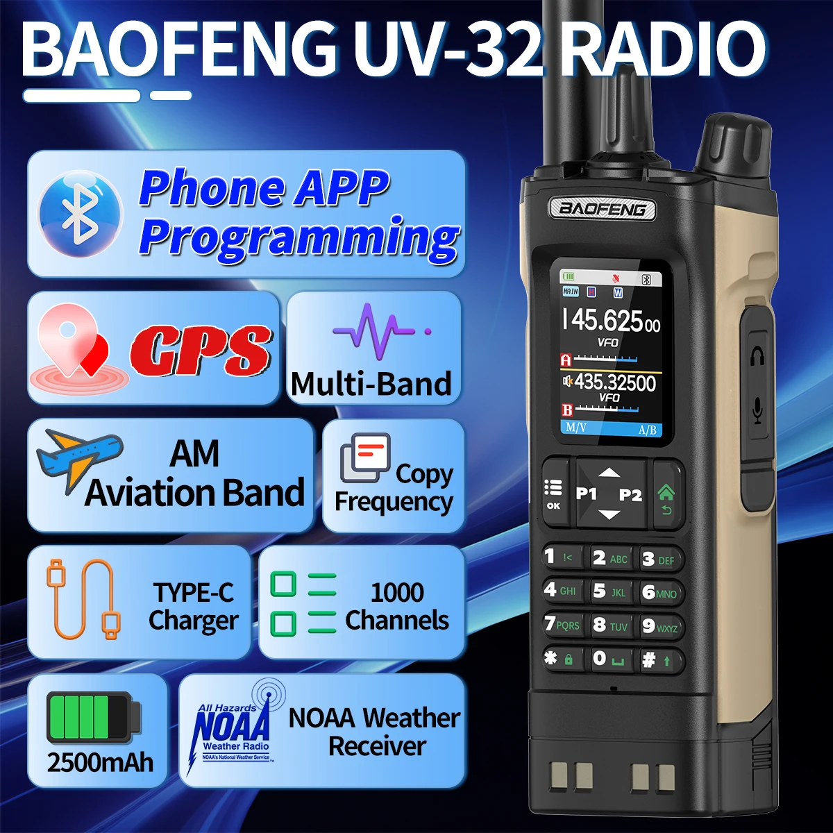 BAOFENG UV-32 Walkie Talkie GPS Multi Band 10W Bluetooth Drahtlose Programmierung Kopierfrequenz 1000CH Long Range Ham Two Way Radio – Detail 6