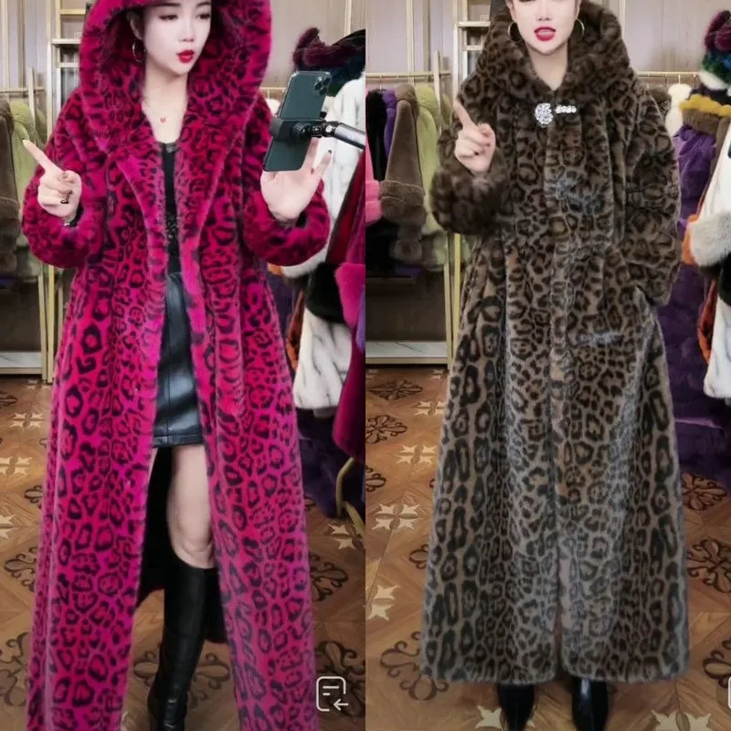 Extended mixed fur coat loose large-sized and thickened cotton-padded for women