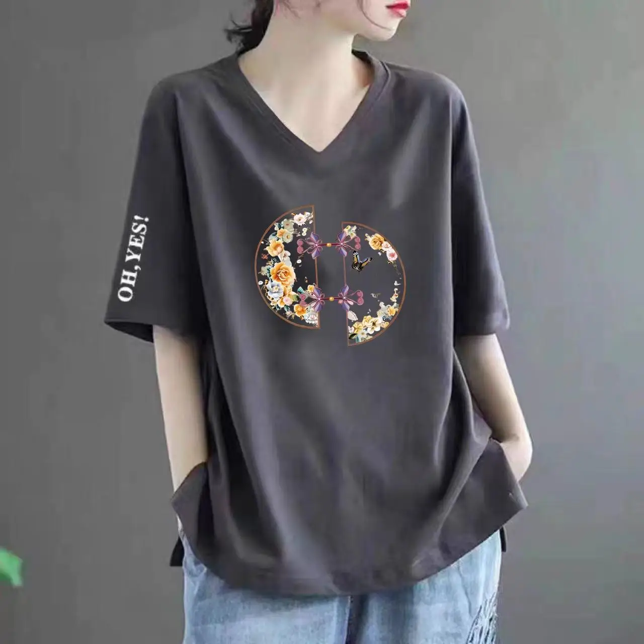 New Chinese Style V-Neck Text Message T-Shirt Loose Casual Versatile Base Layer Top for Middle-Aged And Elderly Women