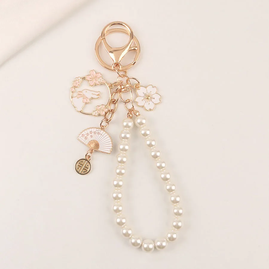1pcs Lovely Cherry Blossoms Fan Keychain Pearl Chain Pendant Women Car Key Ring Headphone Case Charms Bag Decor Accessories