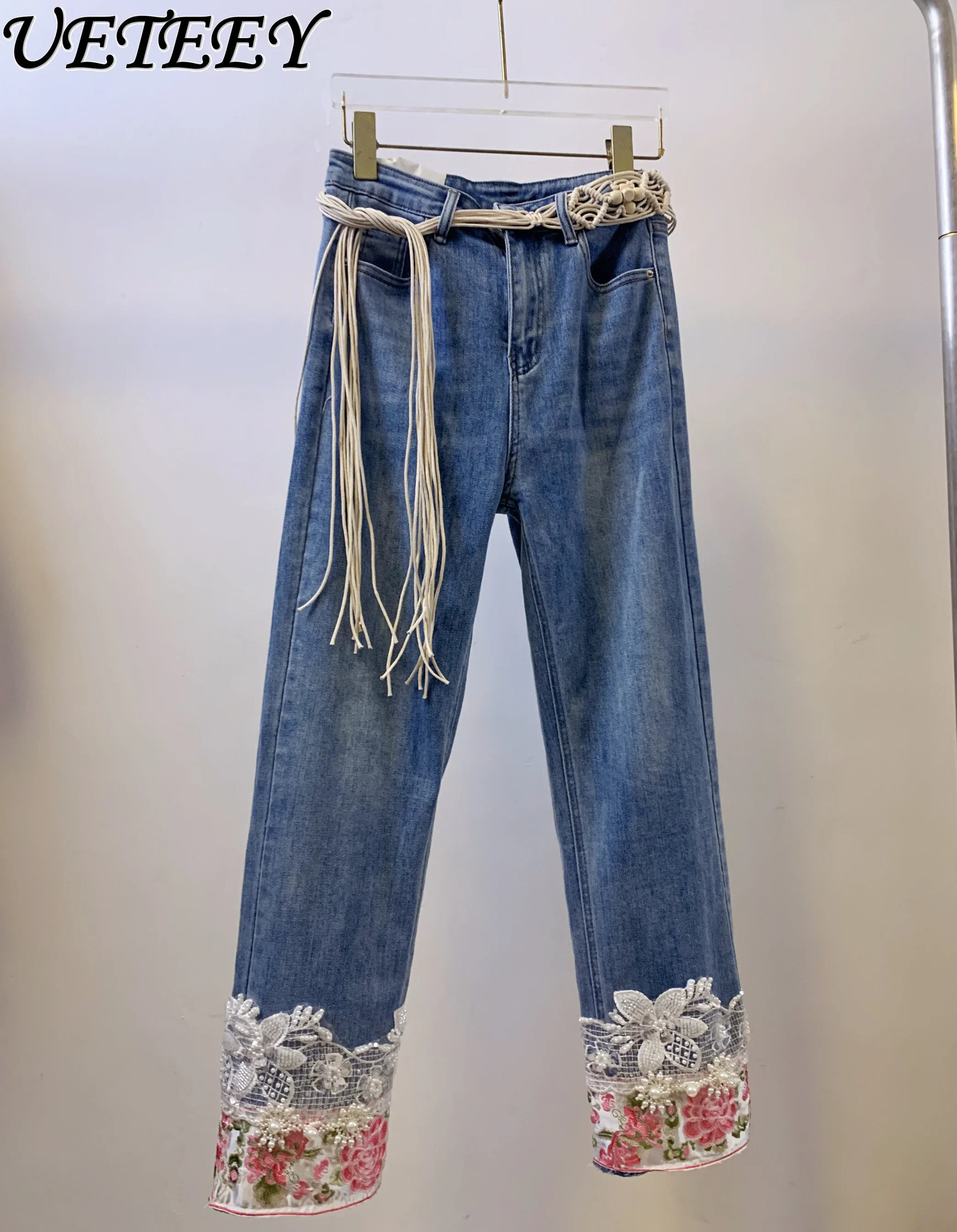 New Chinese Light National Style Jeans Special-Interest Design Machine Embroidery Women's Pants Retro Straight-Leg Jeans