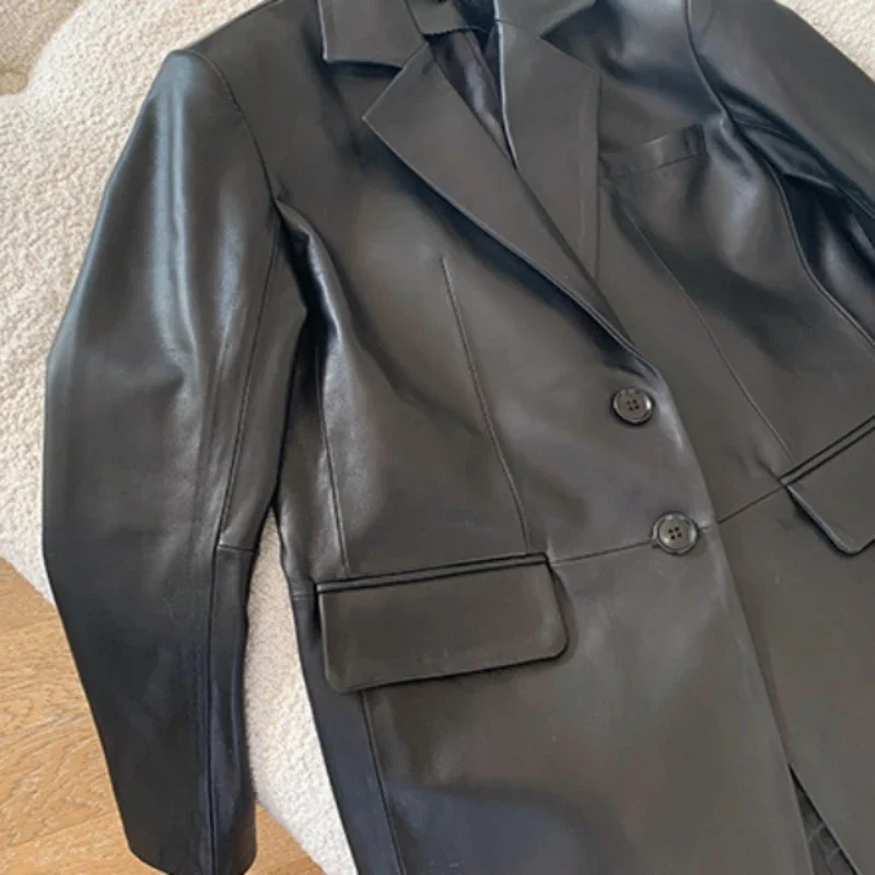 Blazer en cuir véritable pour femme, veste vintage, manteau 2024 peau de mouton, vêtements pour femmes, 100%