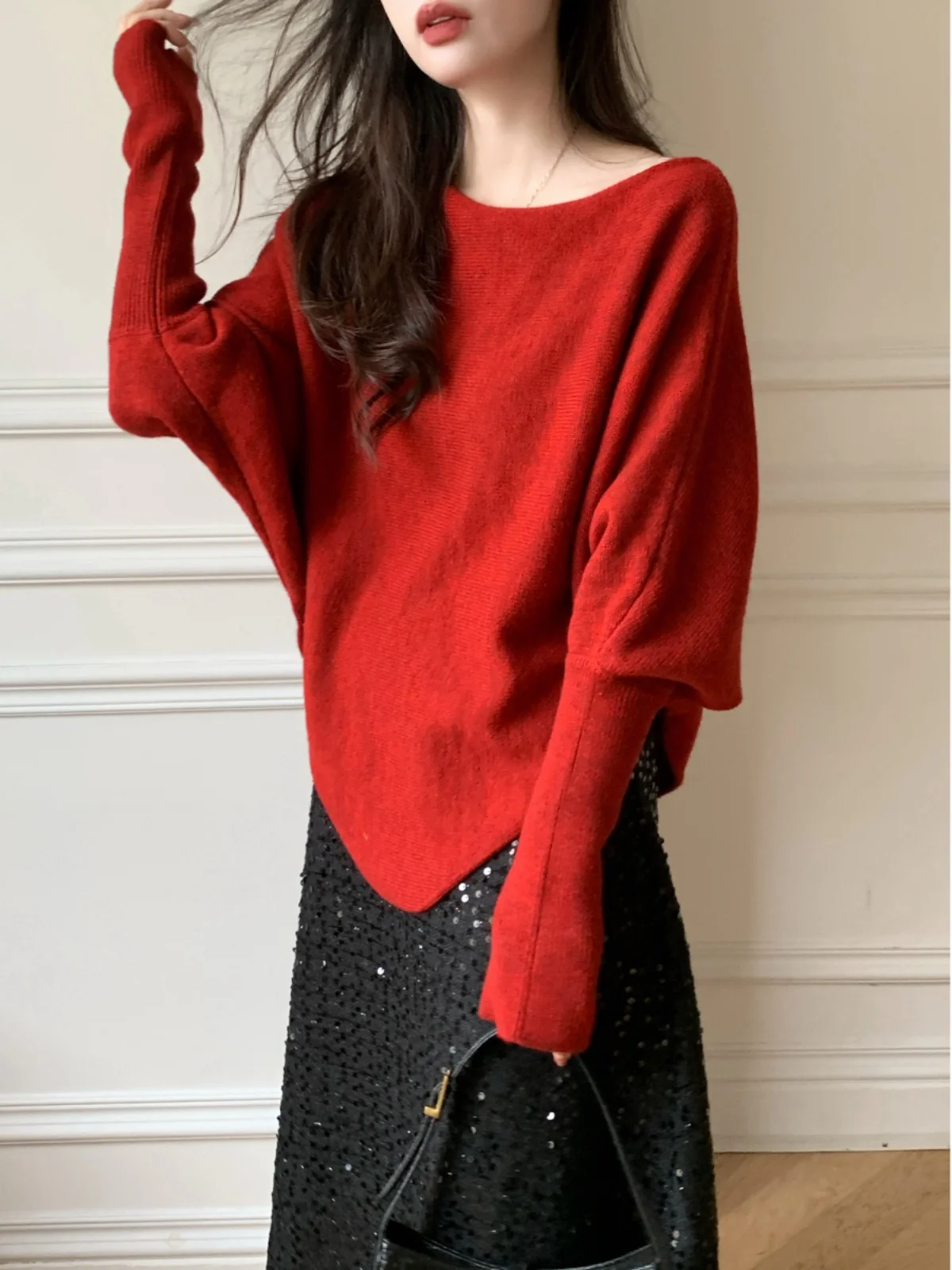 

Теплый красный свитер Batwing Sve Ne Covering, нерегулярный зимний новый Sle, уютный женский длинный свитер из полиэстера Lazy Faion...