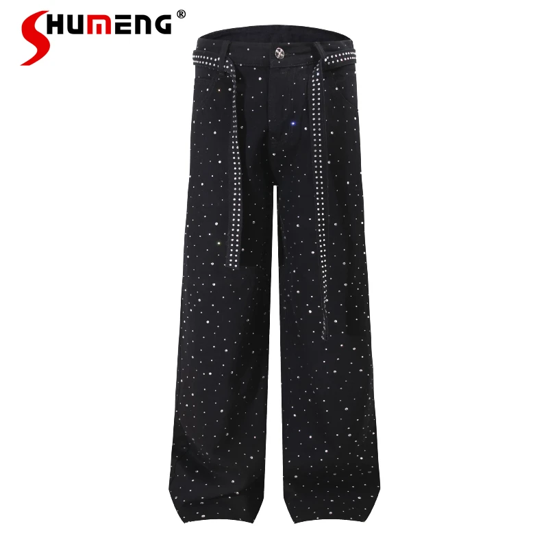 

Men Women 2025 Autumn New Fashion Rhinestone Starry Sky Jeans High Street Denim Trousers Trendy Straight Wide-Leg Denim Pants