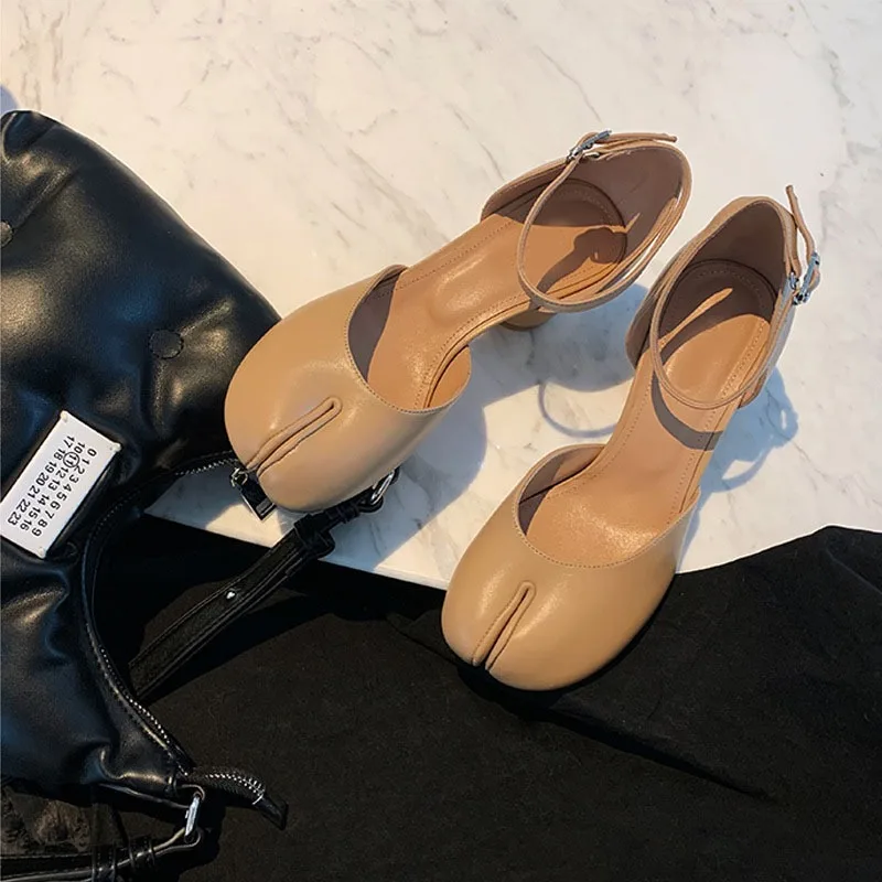 

High Heels Shoes Woman Ankle Strap Silver Black Leather Pumps Split Toe Mary Janes Shoes Woman Spring Summer Heeled Sandals