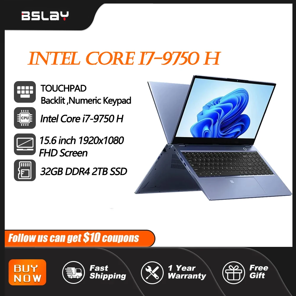 15.6inch Intel Core I7-9750H Notebook DDr4 32GB RAM 2TB SSD Camera Win 11 Fingerprint Unlocking 5000mAH Design Gaming Laptop