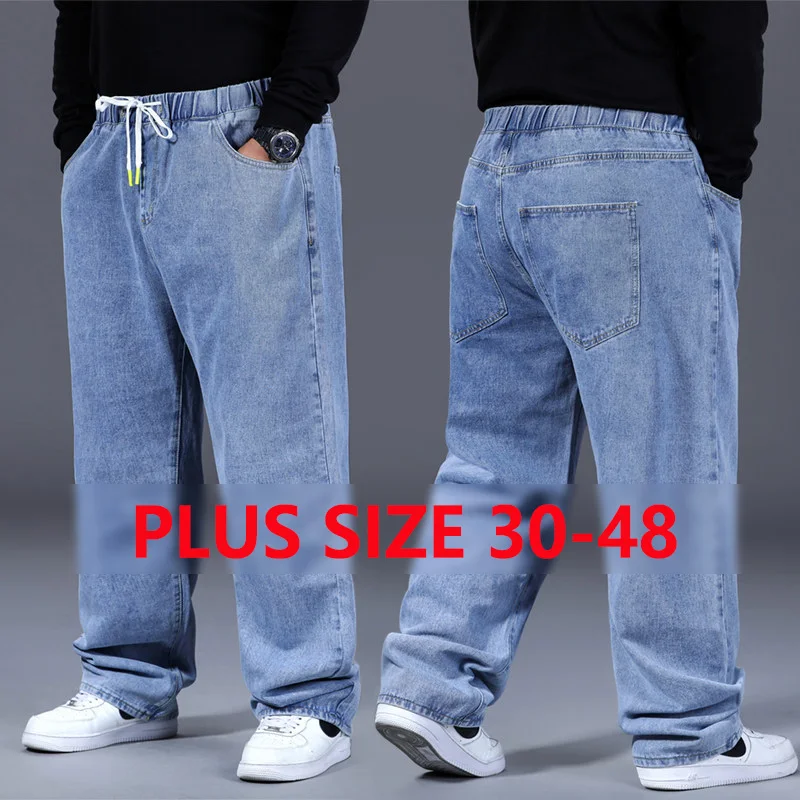 FENROOST Men's Plus Size Jeans Drawstring Wide Straight Leg Jeans Loose Baggy Big Tall Denim Pants Fashion Casual Long Trousers