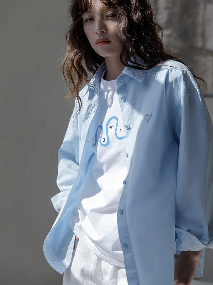 

Женская повседневная рубашка Mlife с длинным рукавом и вышивкой, свободного кроя, из дышащего хлопка, для весеннего повседневного образа, нежно-голубая с сердечками